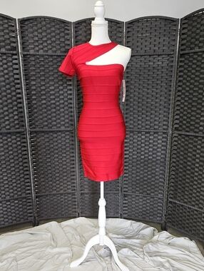 Size 4 red form-fitting bodycon one-shoulder bandage mini dress by Shail K NWT